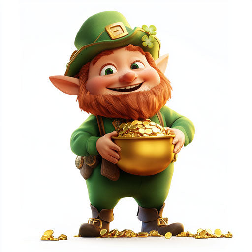 Leprechaun with pot of gold, white background, Pixar style