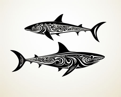 Two black and white sharks in tribal style with tribal details