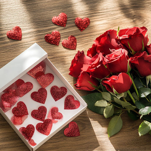 Bouquet of red roses with hearts on wooden table
