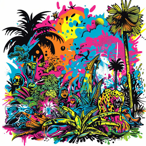 Pop art tattoo sketch jungle comic explosions animals vivid colors