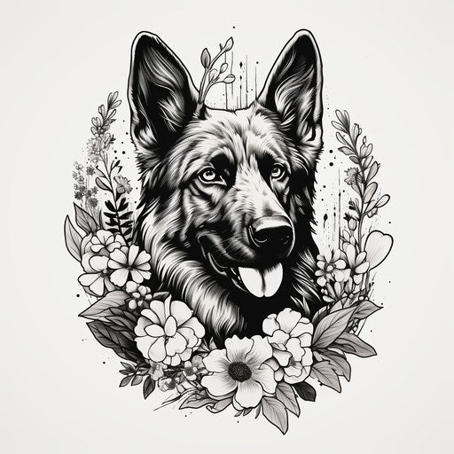 Black and white portrait of a German shepherd with flower