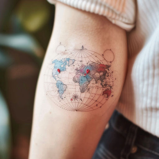 Colorful detailed traveler's map tattoo