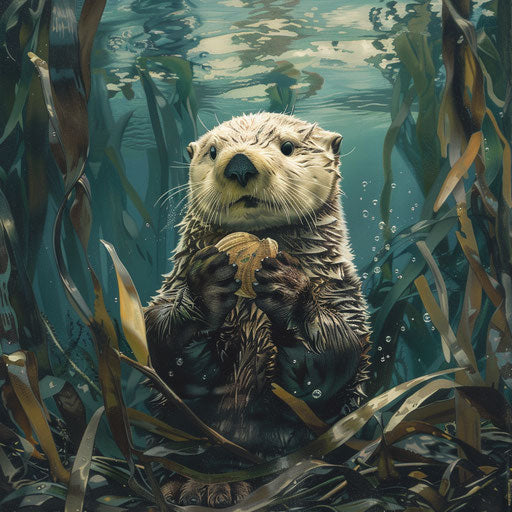 Solitary sea otter cracking open shellfish in lush underwater kelp forest