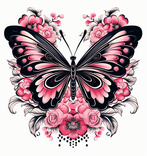 Butterfly tattoo design vector, woodblock printing style, black pink