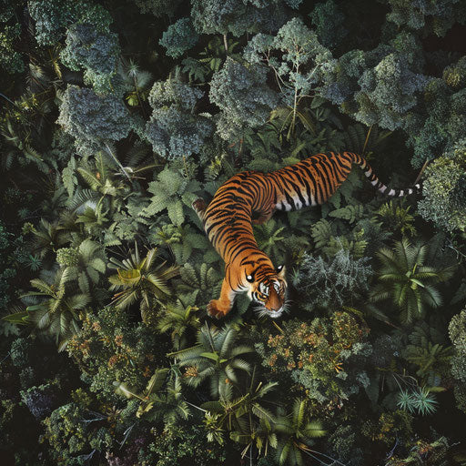 Sumatran tiger in Indonesian jungle aerial view