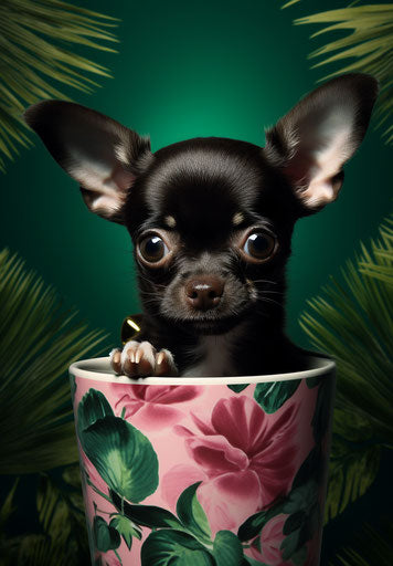 Small chihuahua puppy in a cup with tropical designs