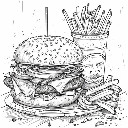 A loaded burger with fries. Coloring book page