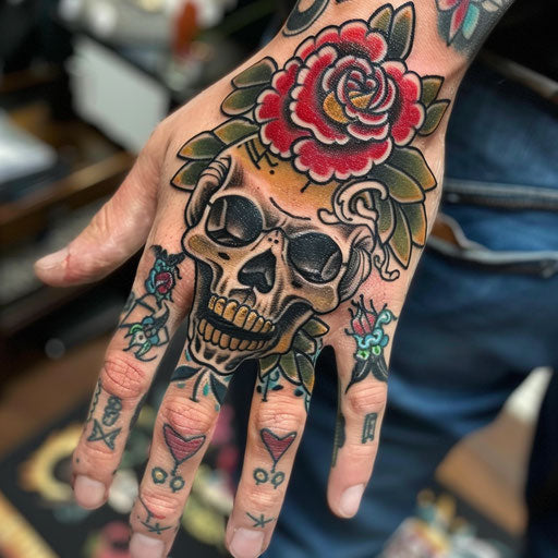 Skull hand tattoo in the style of Ed Hardy with traditional roses