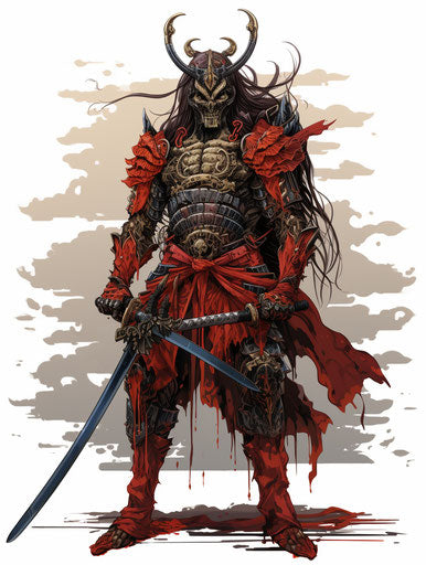 Japanese samurai drawing and color design, manga-influenced style