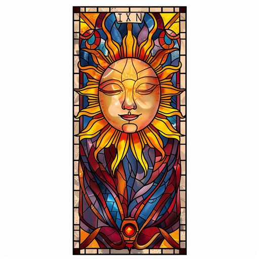 Sun tarot tattoo, vibrant stained glass design
