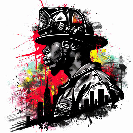 Firefighter and city skyline in flat tattoo style
