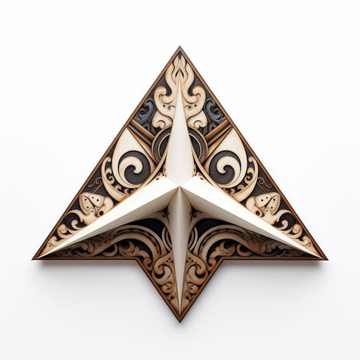 Black and white origami triangle, Maori art style, ornate simplicity