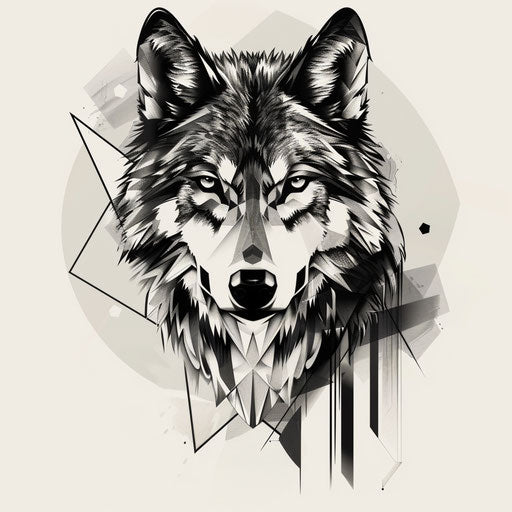 Dramatic flat tattoo sketch of a geometric wolf