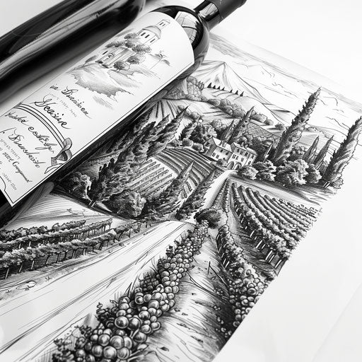 Black and white ink tattoo design of an Italian vineyard landscape