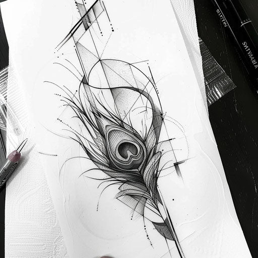 Cubist peacock feather tattoo sketch with fragmented shapes and multiple perspectives