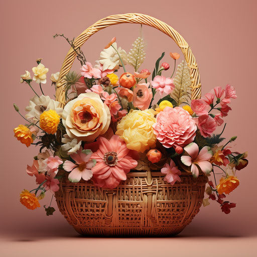 Empty wicker basket with flowers, dark yellow and light pink