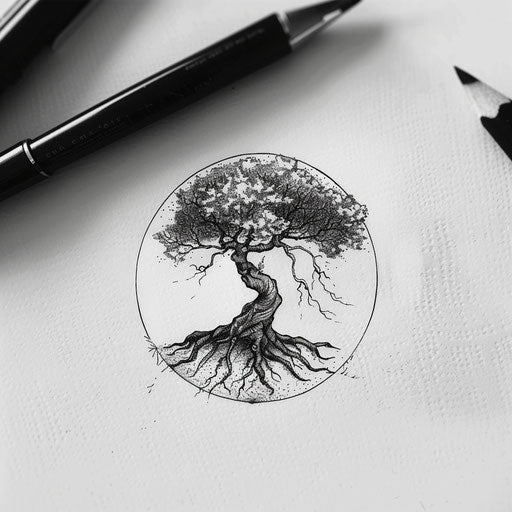 Flat tattoo sketch of a majestic tree with visible roots and detailed bark textures