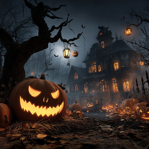 Glowing pumpkin and haunted house in the darkness