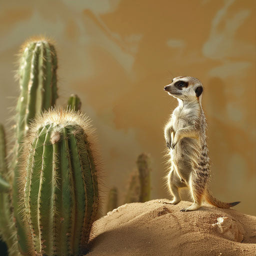 Meerkat by a cactus, desert survival theme