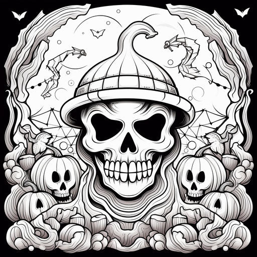 Halloween pumpkin and ornaments coloring page with skull pattern background