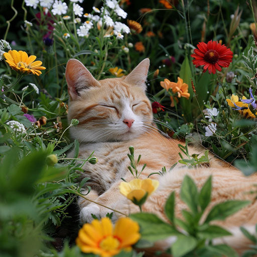 Fatcat in a flower bed with beautiful flowers