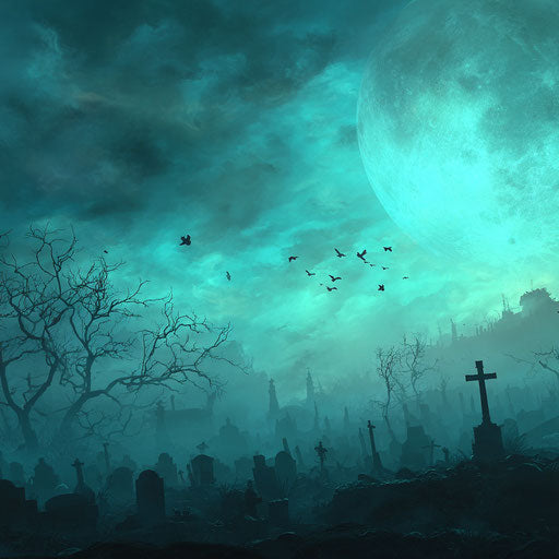 Haunting graveyard scene under an ethereal full moon