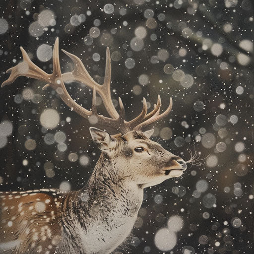 Yezo sika deer in dramatic pose under light snowfall