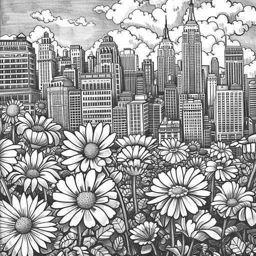 Detailed floral cityscape with buildings in the style of Stephen Wiltshire coloring book page