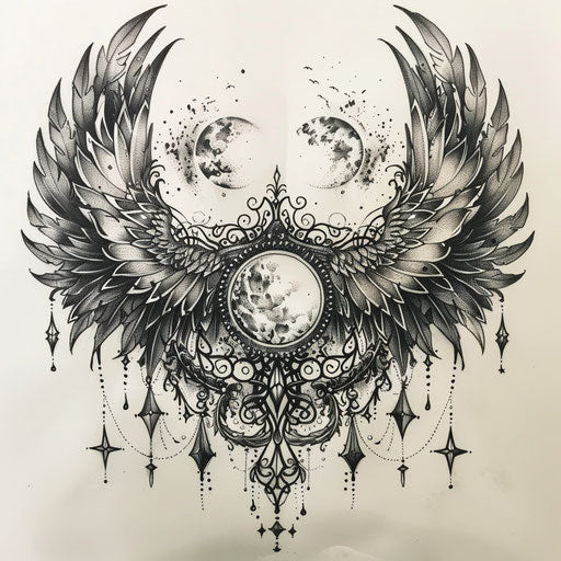 Celestial lace with angelic wings and intertwined bodies