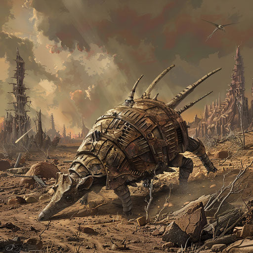 An armadillo navigating a post-apocalyptic landscape