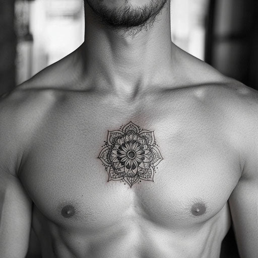 Small chest tattoos for men with mandala designs, in the style of Maria Sibylla Merian
