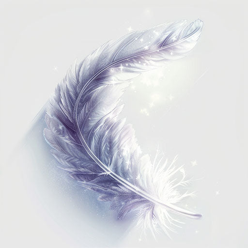 Ethereal angel feather on pure white background