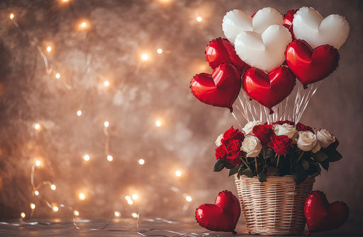 Roses bouquet and heart-shaped balloons for Valentine's Day