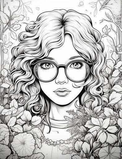 Coloring book with woman with glasses and rosa, in a fantasy style