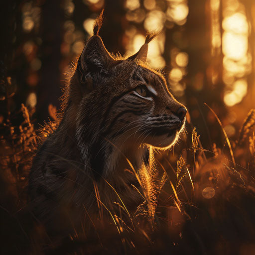 Lynx in the golden hour, fur illuminated by setting sun
