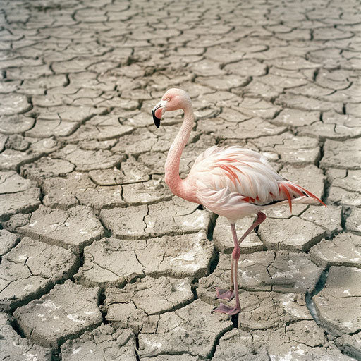 Lonely flamingo in a dried-up lakebed