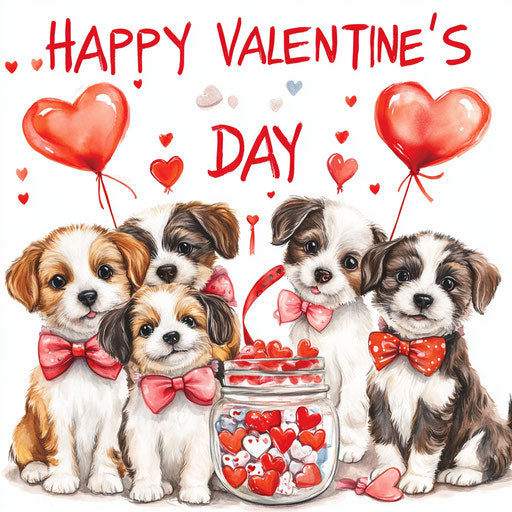 Happy Valentine's Day with puppies and heart balloons