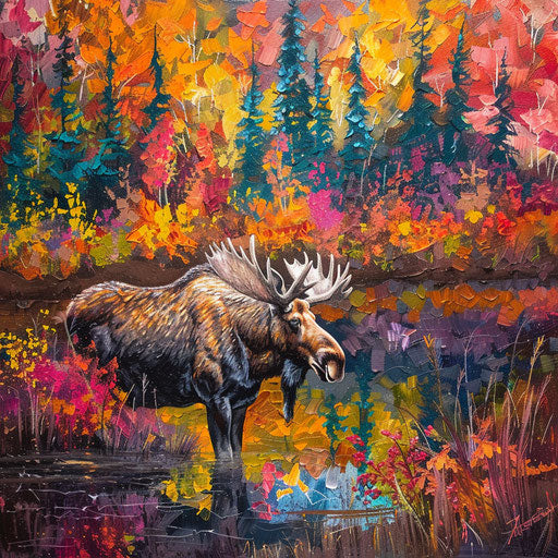 A moose navigating through a colorful autumn forest