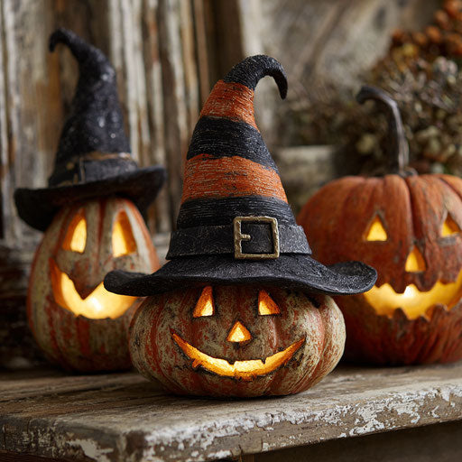 Halloween Glow: Three Carved Pumpkins Displayed