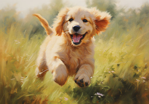 Young golden dog on grass, full of movement