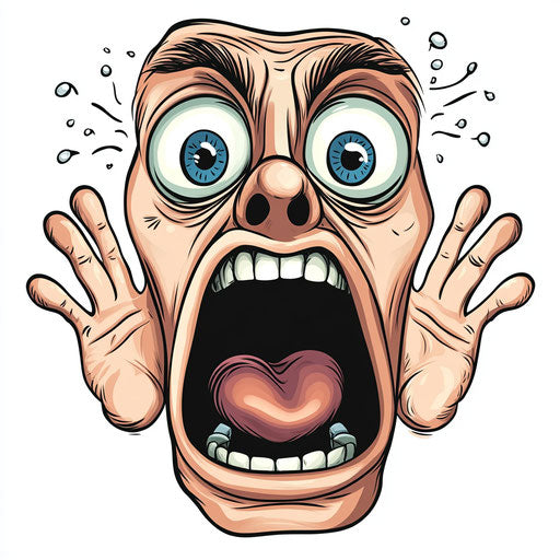 Humorous caricature of a scream caricature clipart with human characteristics, exaggerated thick eyelashes, with fingers hands, monochrome, vibrant colors, cartoon style, surprised, high-resolution, isolated