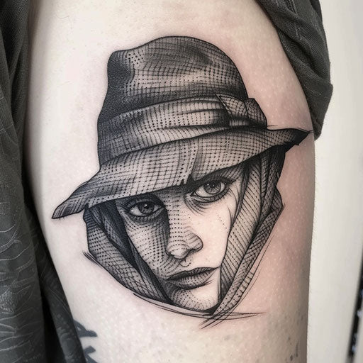 Blackwork tattoo of a gangster's hat and eyes, mysterious and detailed, on pure white background