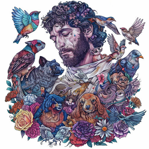 St. Francis of Assisi surrounded by animals as tattoo art