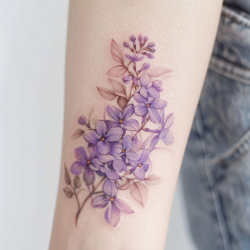 Japanese style lilac tattoo with elegant flower arrangements and soft gradients