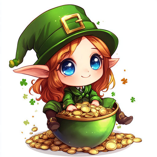 The cute leprechaun with big blue eyes on a pot of gold