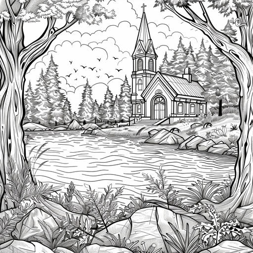 Peaceful church by a lake with reflection in the water