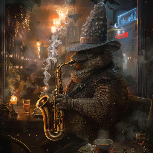 Armadillo jazz musician playing saxophone in smoky club