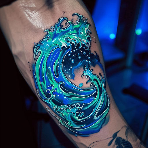 Dynamic flat tattoo sketch of a neon wave with electric blue and green colors