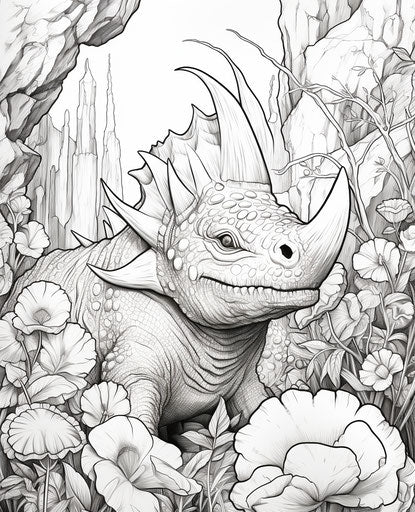 Coloring pages of triceratops, in the style of primordial creatures