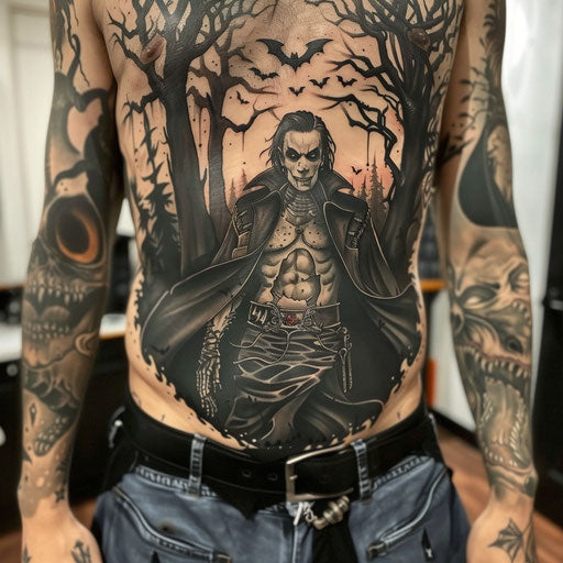 Men with stomach tattoos of a gothic vampire
